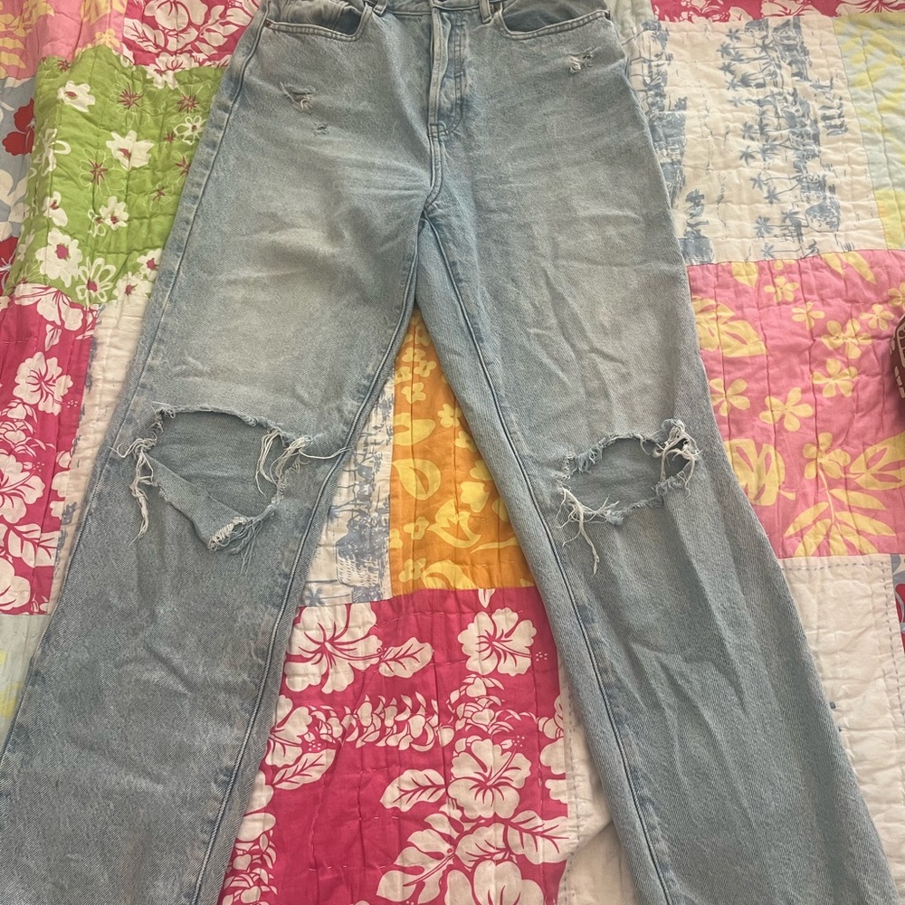 PacSun Blue Straight Leg Jeans with Distressed Knees